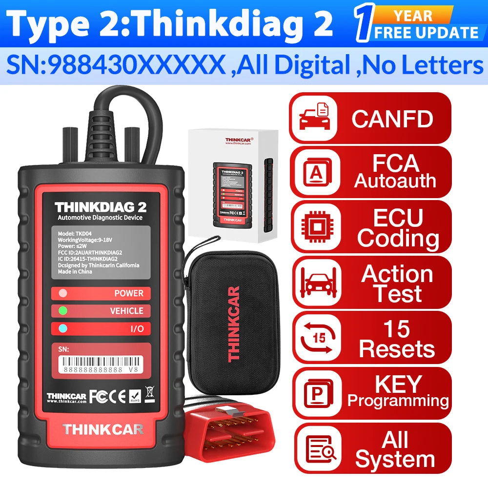 2026 Thinkcar ThinkDiag 2 ALL Software Canfd protocol 15 Reset Service OBD2 Diagnostic Tool bI Directiona ECU Coding 1 Year Free
