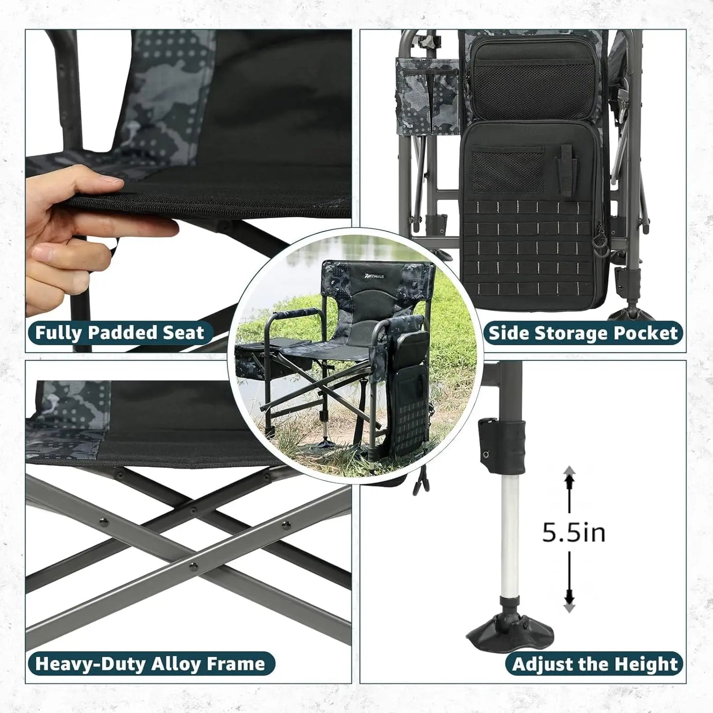 Fishing Chairs with Rod Holder, Folding Ice Fishing Chair for Adults Outdoor Camping Chair Leg Adjustable with Cooler Ba