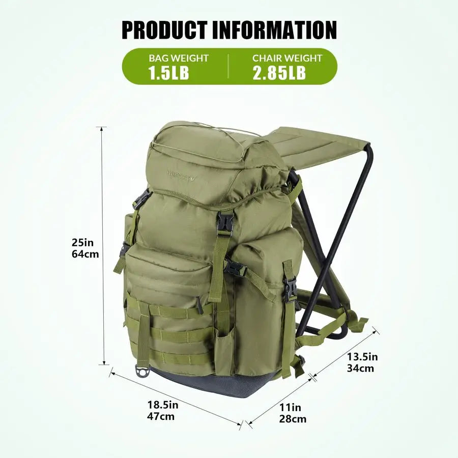 Fishing Backpack with Foldable Chair, 35L Tackle Box Backpack with Rod Holders Fishing Storage Bag Portable Stool for Outdoor Fi
