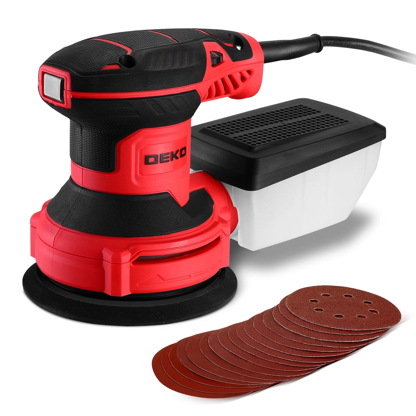 DEKO 14000RPM 16 Pieces Sandpaper 125 mm 300W Orbital Sander Sanding Pad Dust Collector for household Wood and Steel Surf