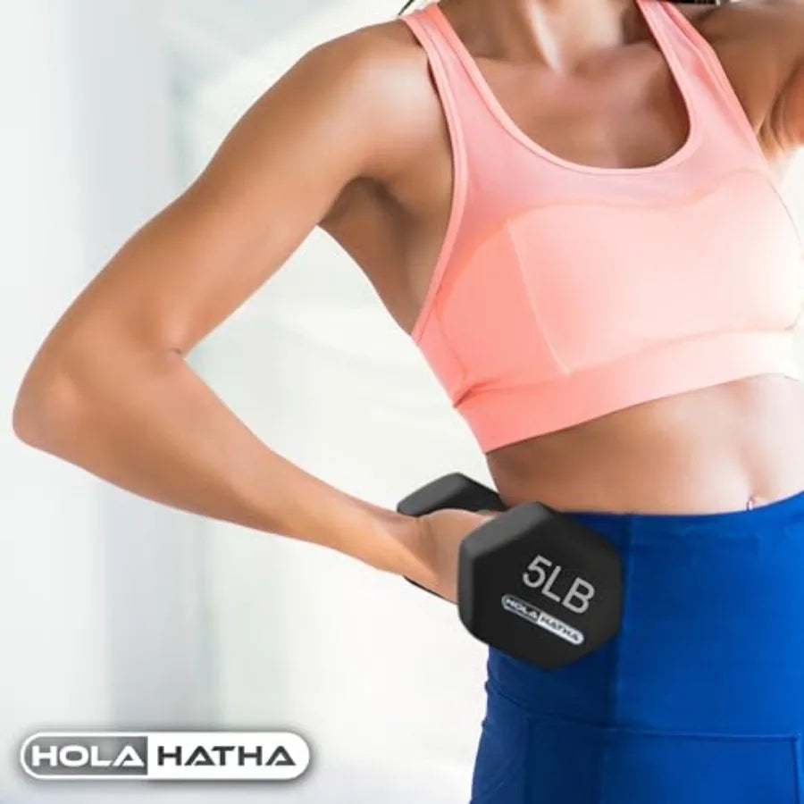 HolaHatha 2 3 5 8 and 10 Pound Neoprene Dumbbell Free Hand Weight Set with Rack Pastel for Home Exercises to Gain Tone and Defi