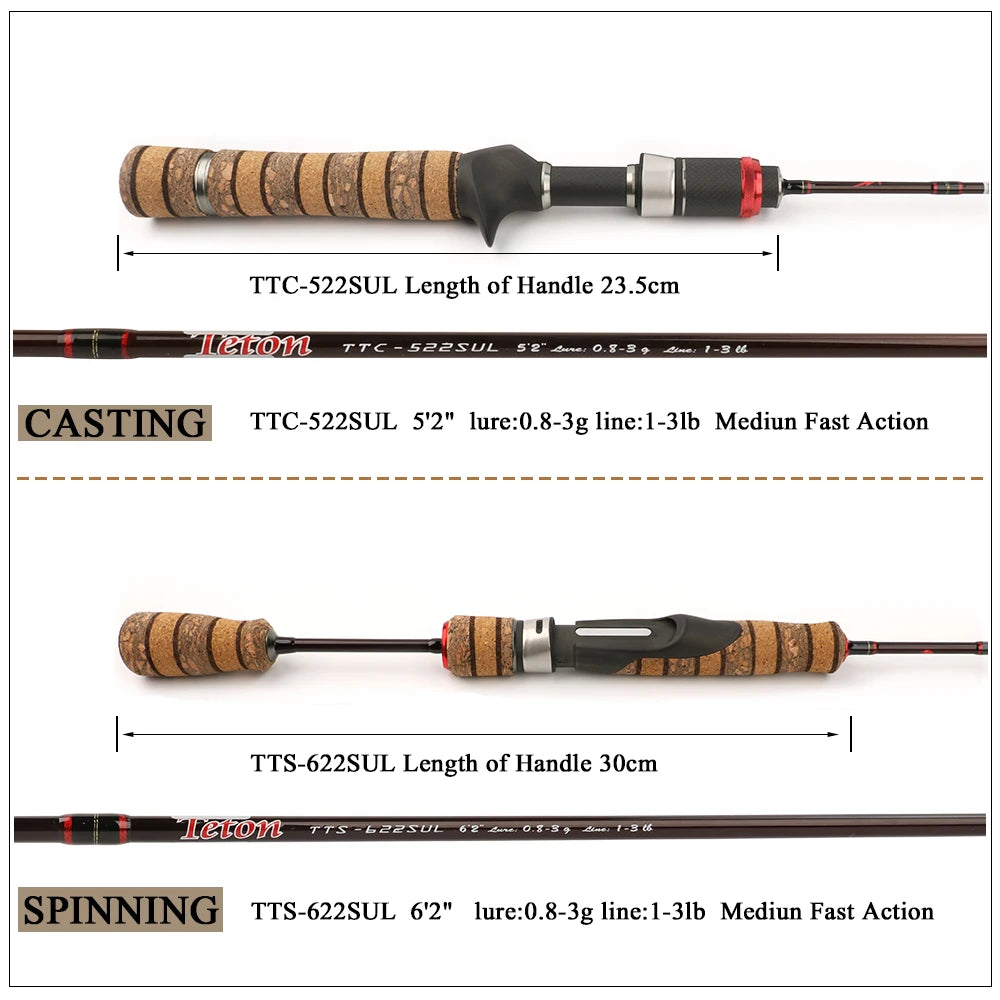 KUYING Teton SUL Super Ultralight 1.56m 5'2" Casting 1.86m 6'2" Spinning Soft Carbon Fishing Rod Lure Fish Cane Stick 0.8-3g
