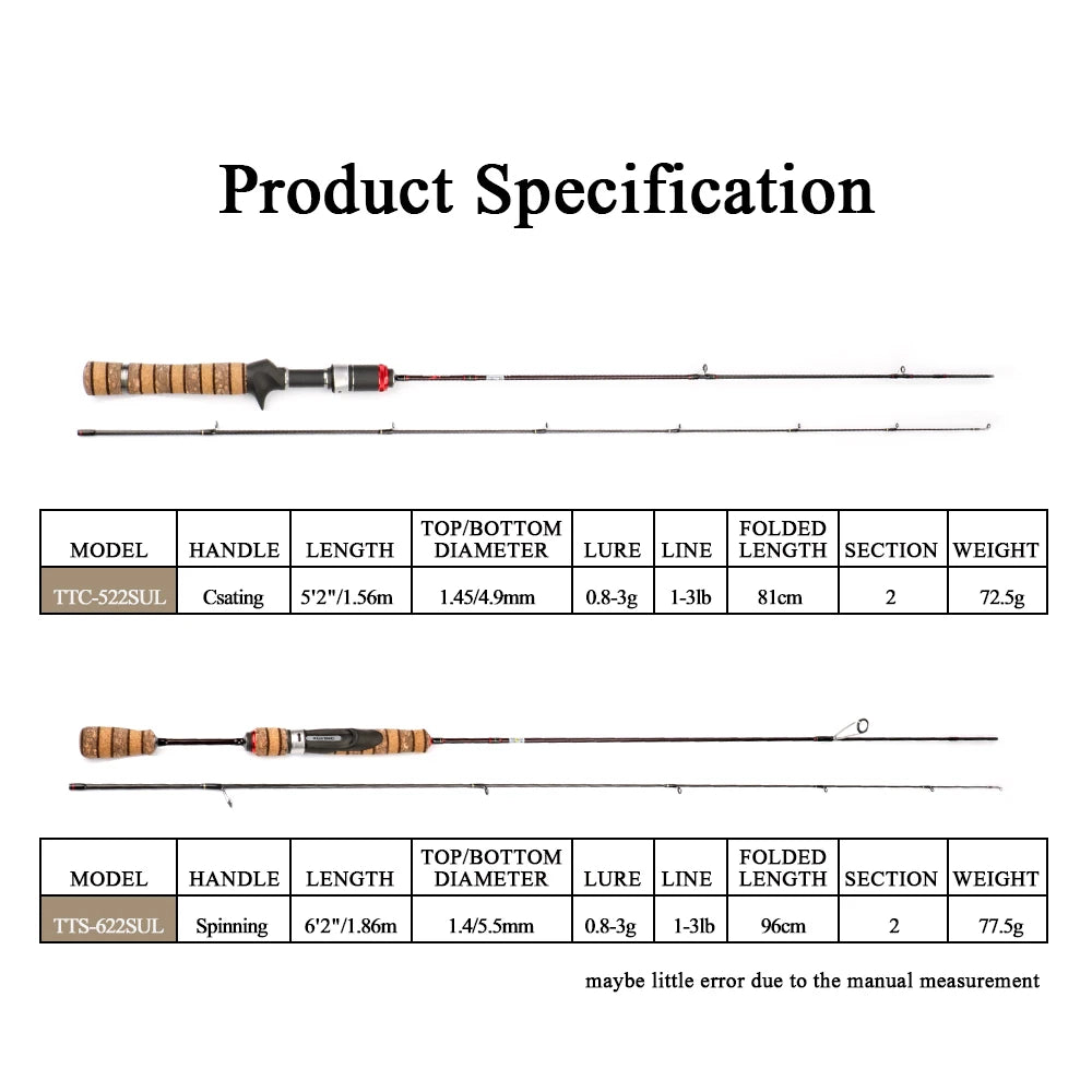 KUYING Teton SUL Super Ultralight 1.56m 5'2" Casting 1.86m 6'2" Spinning Soft Carbon Fishing Rod Lure Fish Cane Stick 0.8-3g
