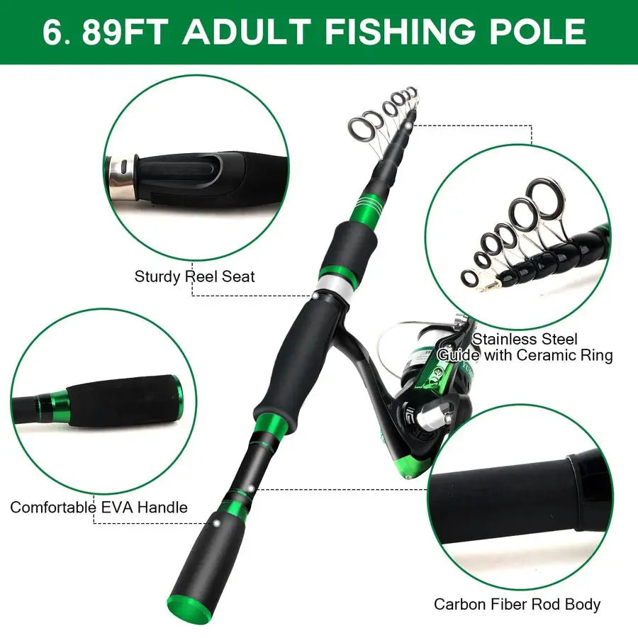 Fishing Pole Combo, 2PCS Portable ParentChild Travel Fishing Kit, 6.89FT 4.92FT Telescopic Fishing Rod Spinning Reel Spincast Re