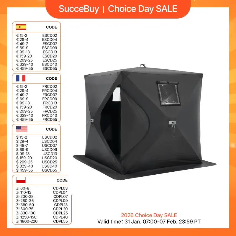 SucceBuy Portable Ice Shelter 1-2 Person Fishing Tent Ice Shanty for Winter Fishing Waterproof Ice Cube with Anchors Carry Bag
