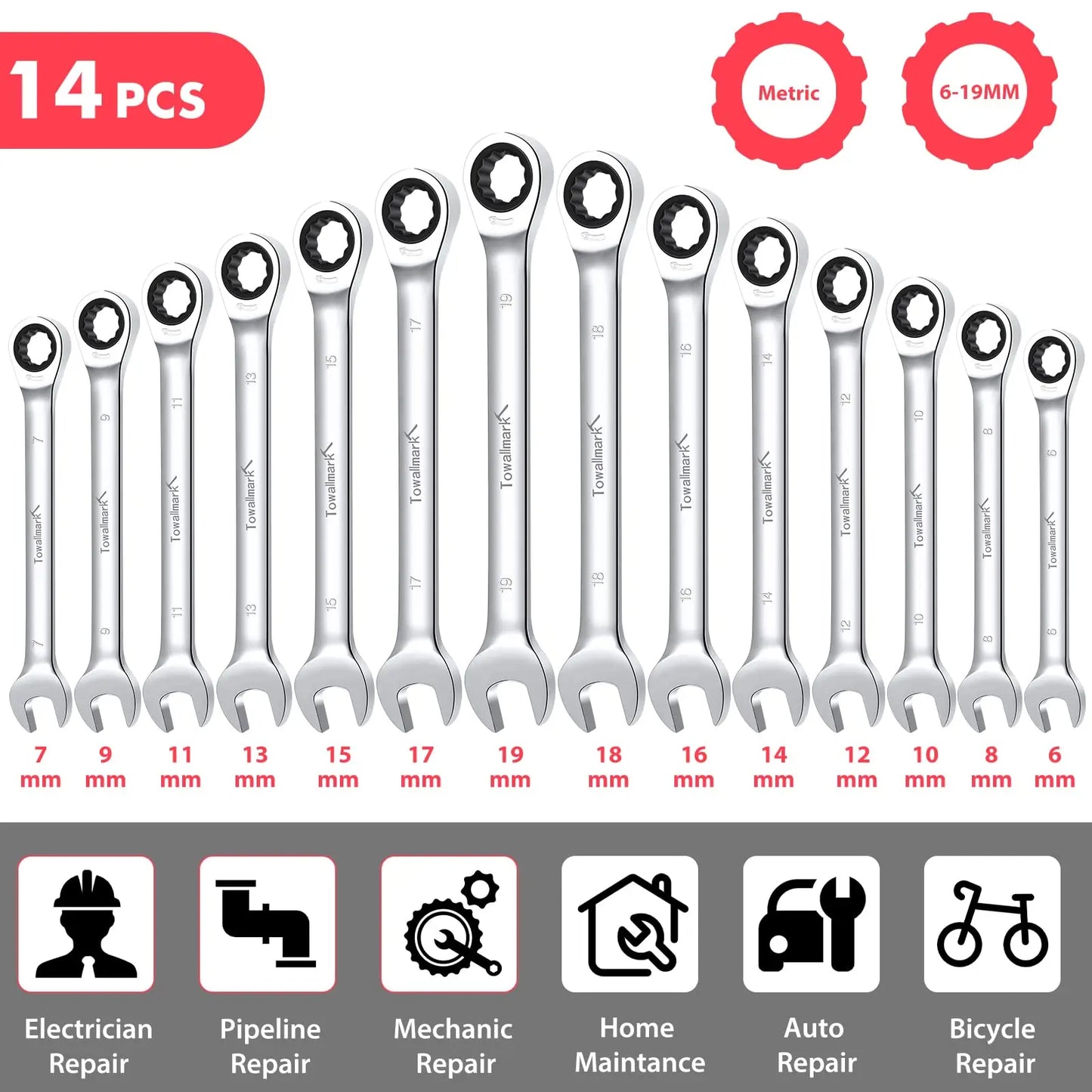 14-Piece Wrench Set, Ratcheting Wrench Set, Metric 6-19mm,Chrome Vanadium Steel with Storage Bag for truck/garage projects, etc.