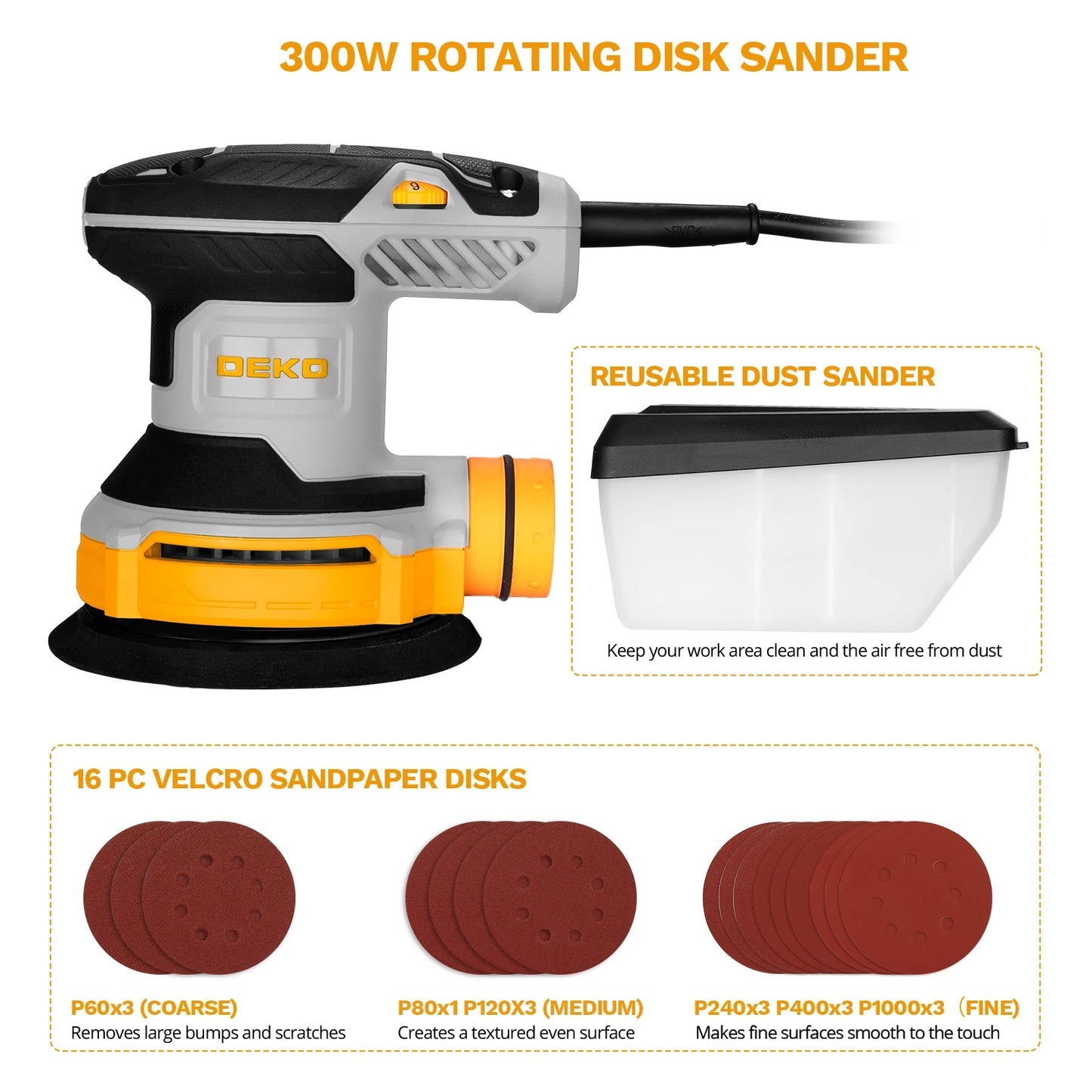 DEKO 14000RPM 16 Pieces Sandpaper 125 mm 300W Orbital Sander Sanding Pad Dust Collector for household Wood and Steel Surf
