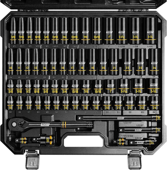 65-Piece Impact Socket Set with SAE & Metric Sizes, Deep/Shallow Sockets, Ratchet & Extensions