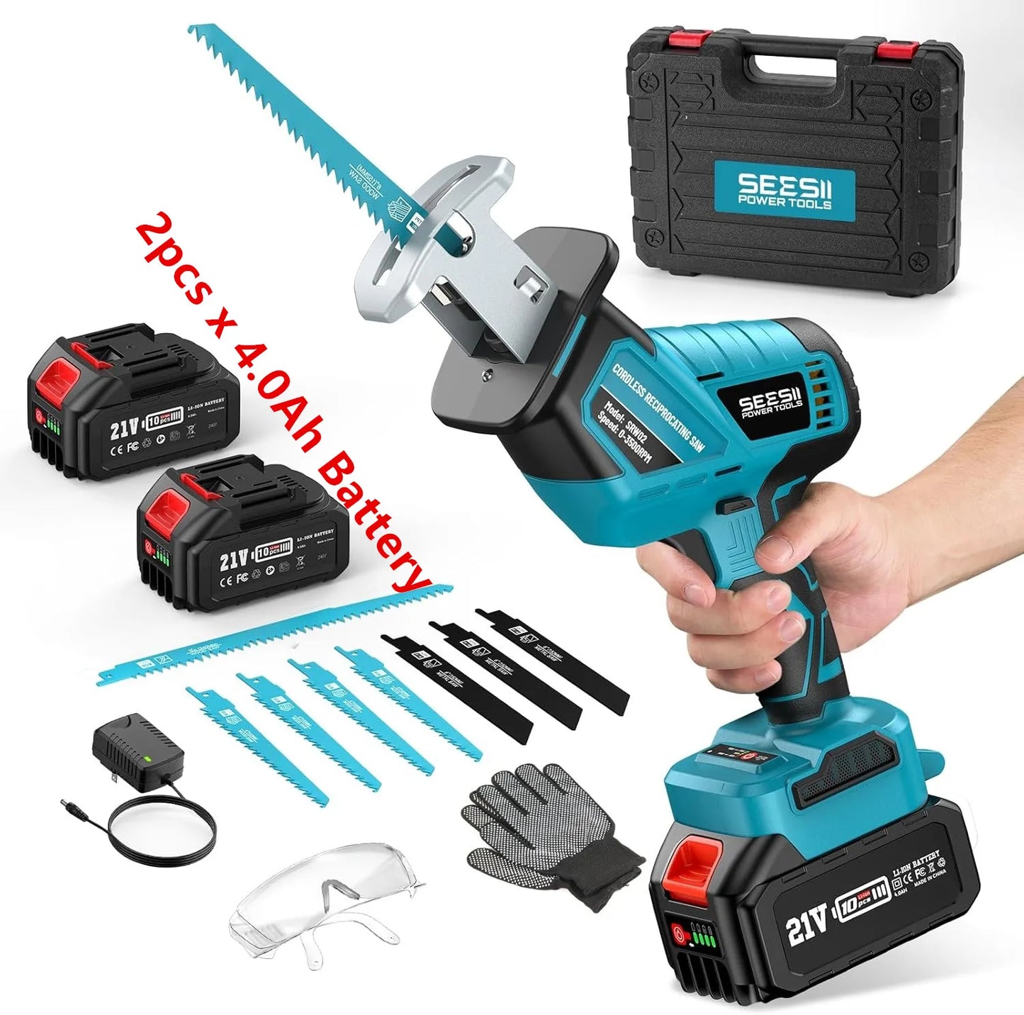 SEESII Reciprocating Saw Cordless 3300 RPM Brushless Motor with 2 x 4.0Ah Batteries 8 Saw Blades Portable for Wood PVC Cutting