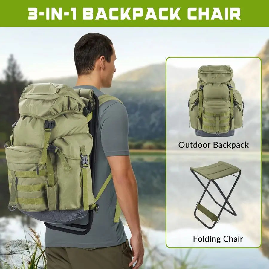 Fishing Backpack with Foldable Chair, 35L Tackle Box Backpack with Rod Holders Fishing Storage Bag Portable Stool for Outdoor Fi