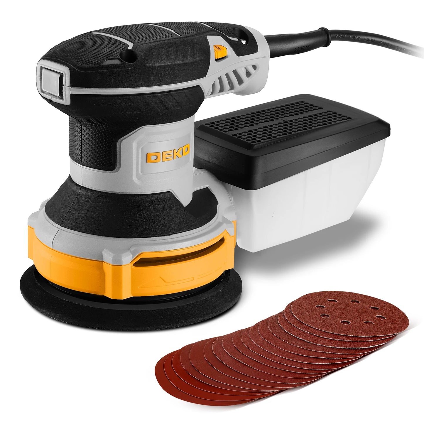 DEKO 14000RPM 16 Pieces Sandpaper 125 mm 300W Orbital Sander Sanding Pad Dust Collector for household Wood and Steel Surf
