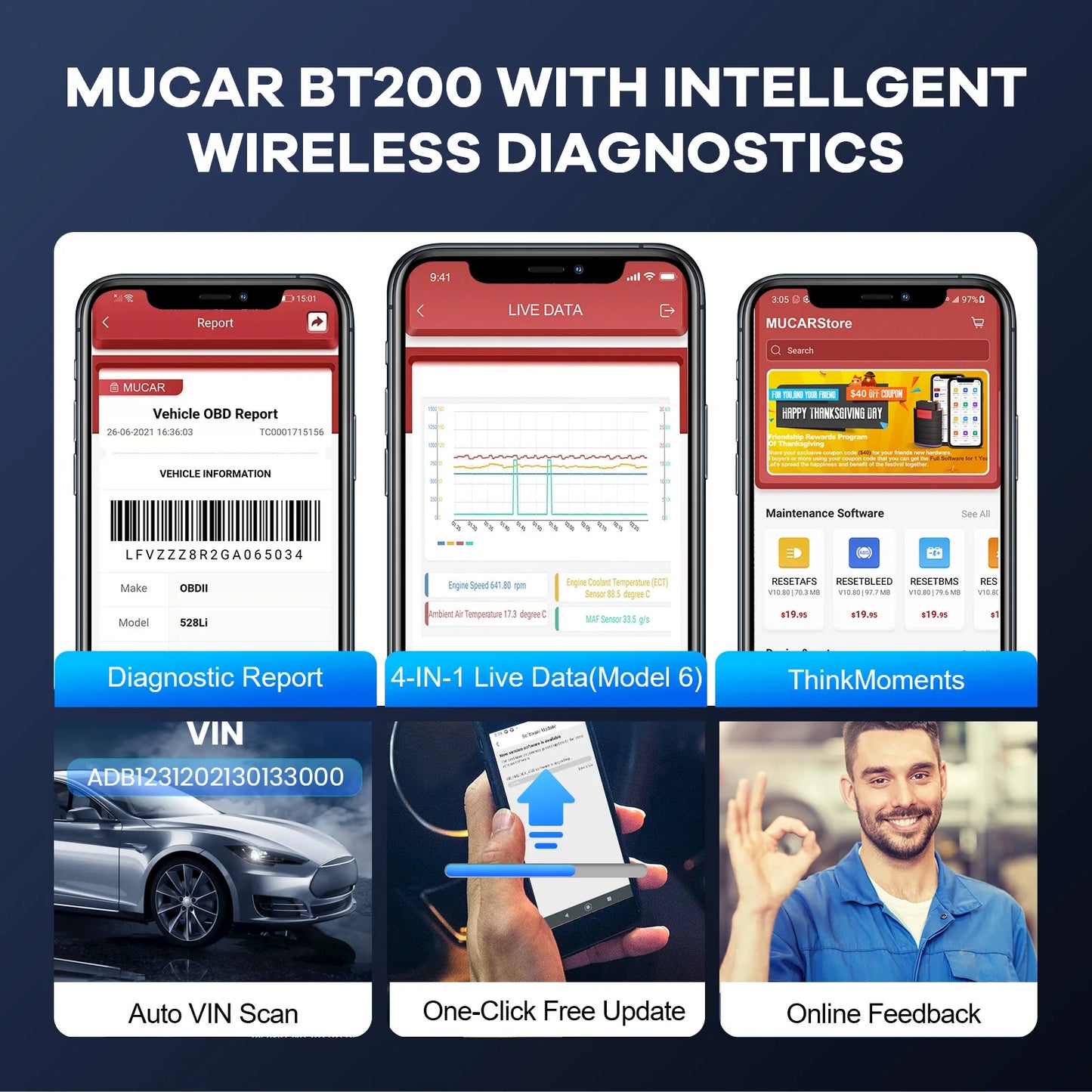 MUCAR BT200/BT200 Pro OBD2 Bluetooth Diagnostic Tool Full System Diagnose Oil SAS 15 Reset OBD 2 Scanner for All Car Code Reader
