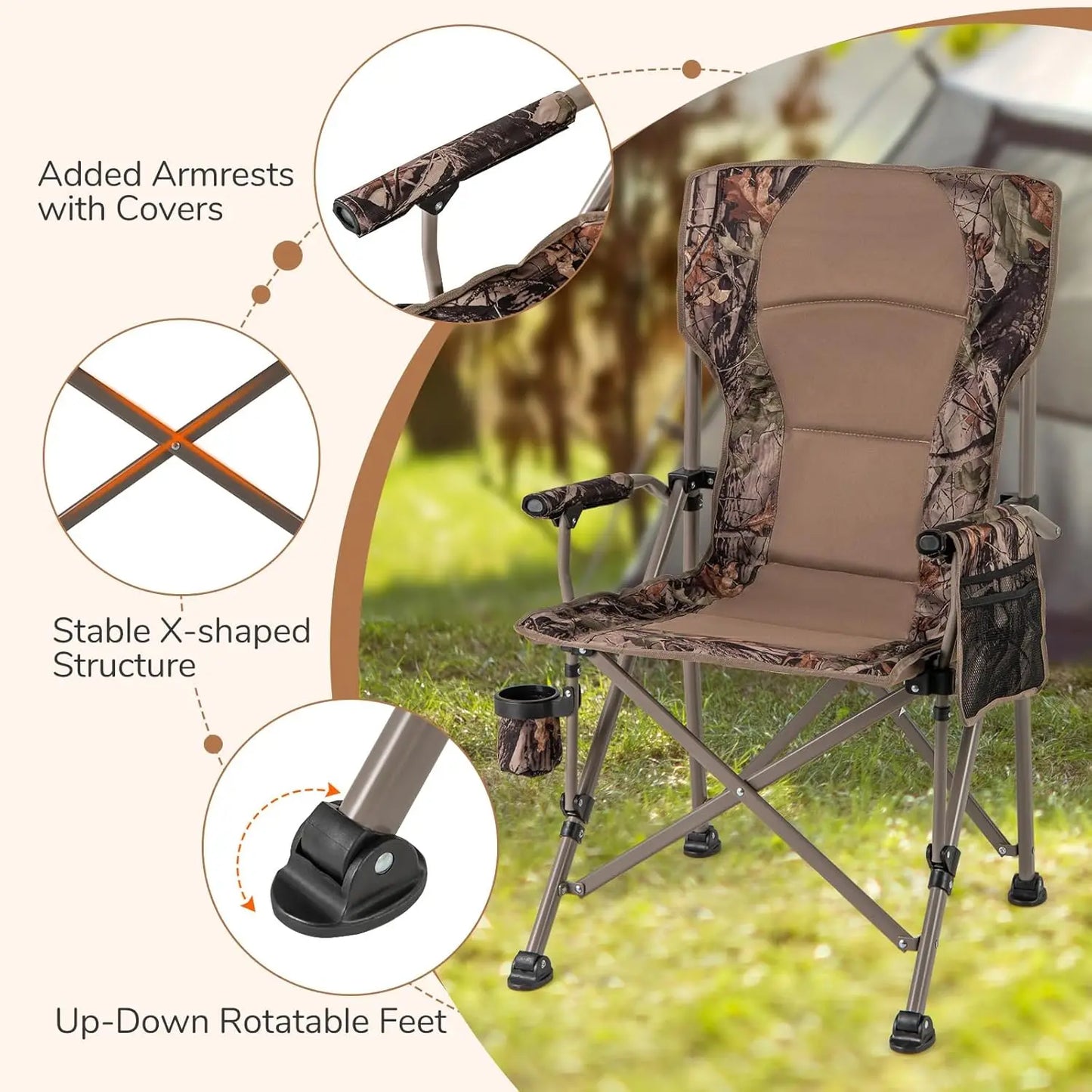 Folding Camping Chair, 400 LBS Support Lawn Chair w/Armrests with Covers, Cup Holder & Storage Pocket, Adjustable Feet,