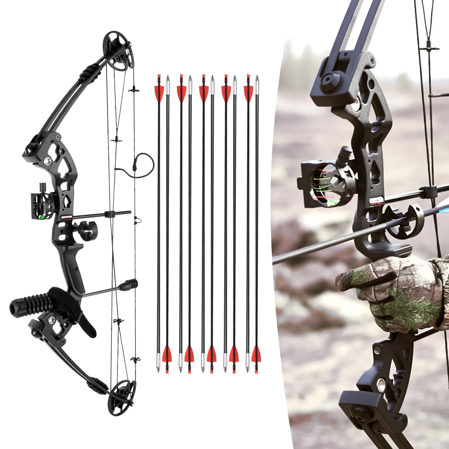 Right Handed Compound Bow Kit Adults and Teens Compound Bow Archery Hunting Equipment with 12 Arrows 30-60lbs Adjustable