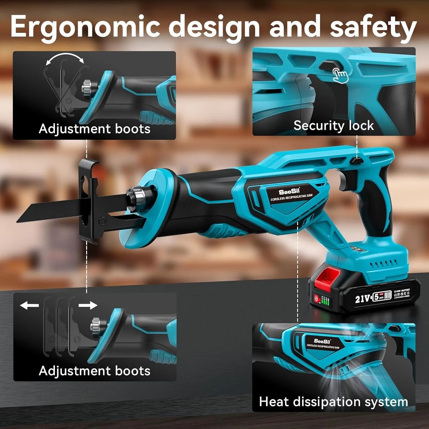 SEESII Reciprocating Saw Cordless 3300 RPM Brushless Motor with 2 x 4.0Ah Batteries 8 Saw Blades Portable for Wood PVC Cutting