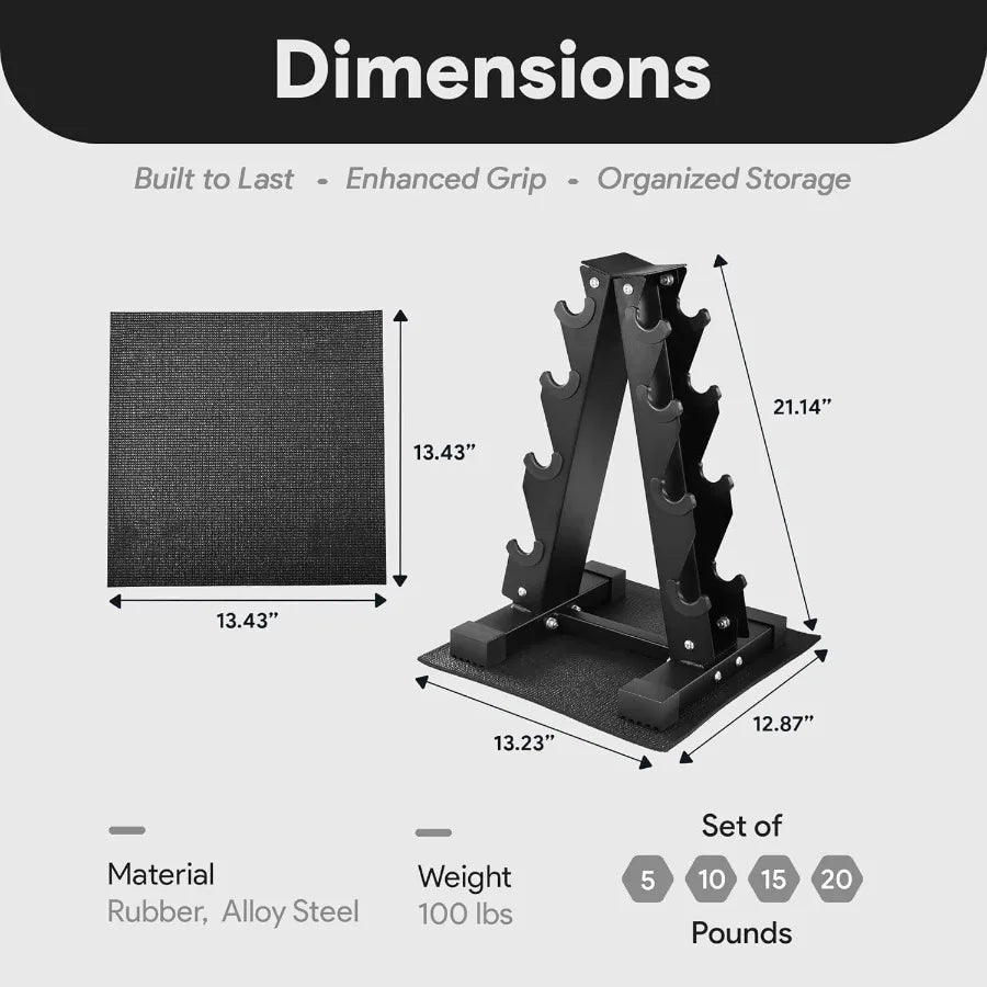 Rubber Coated Hex Dumbbell Weight Set with Storage Rack for Home Gym and Fitness Training Available in 100LB 150LB or 200LB Con