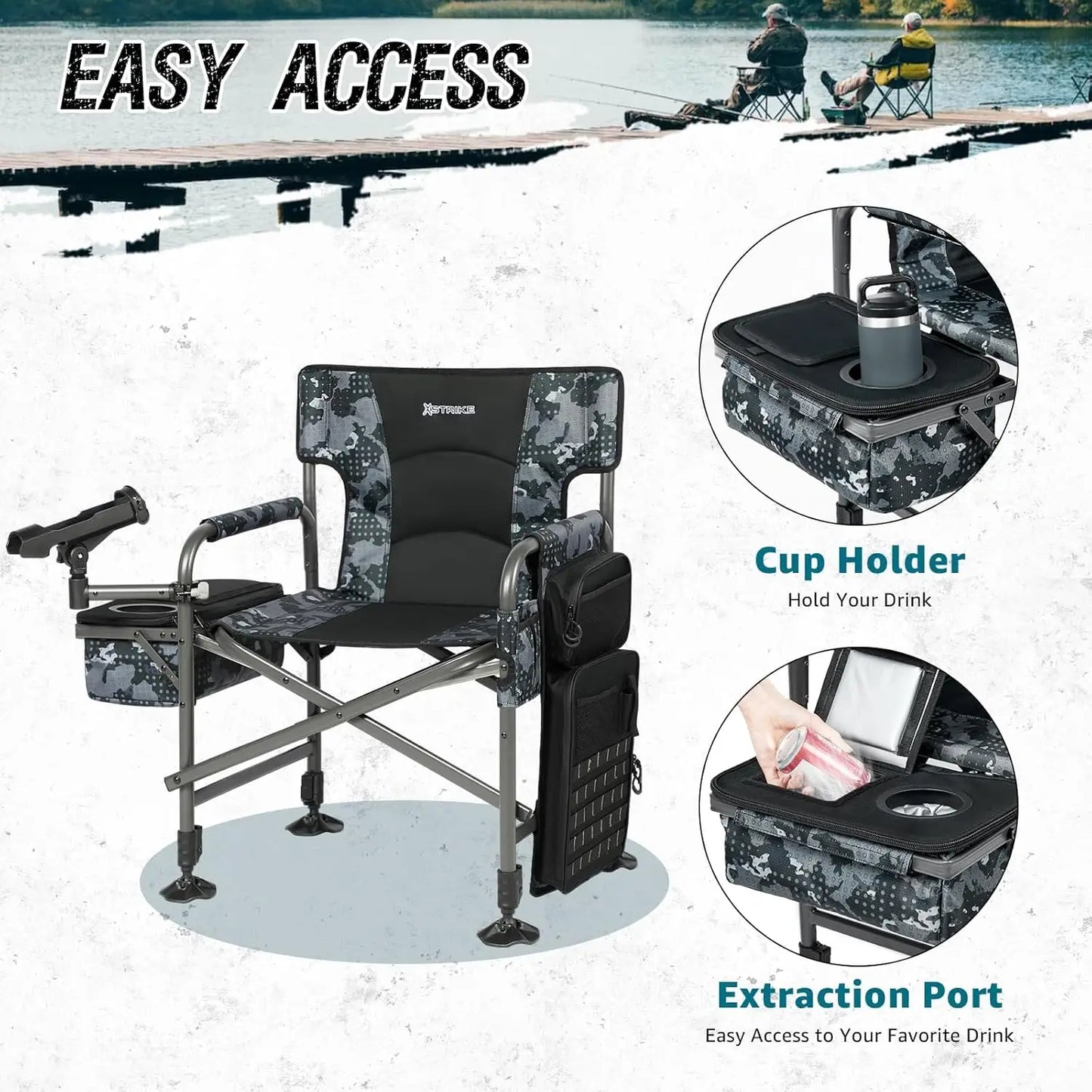 Fishing Chairs with Rod Holder, Folding Ice Fishing Chair for Adults Outdoor Camping Chair Leg Adjustable with Cooler Ba