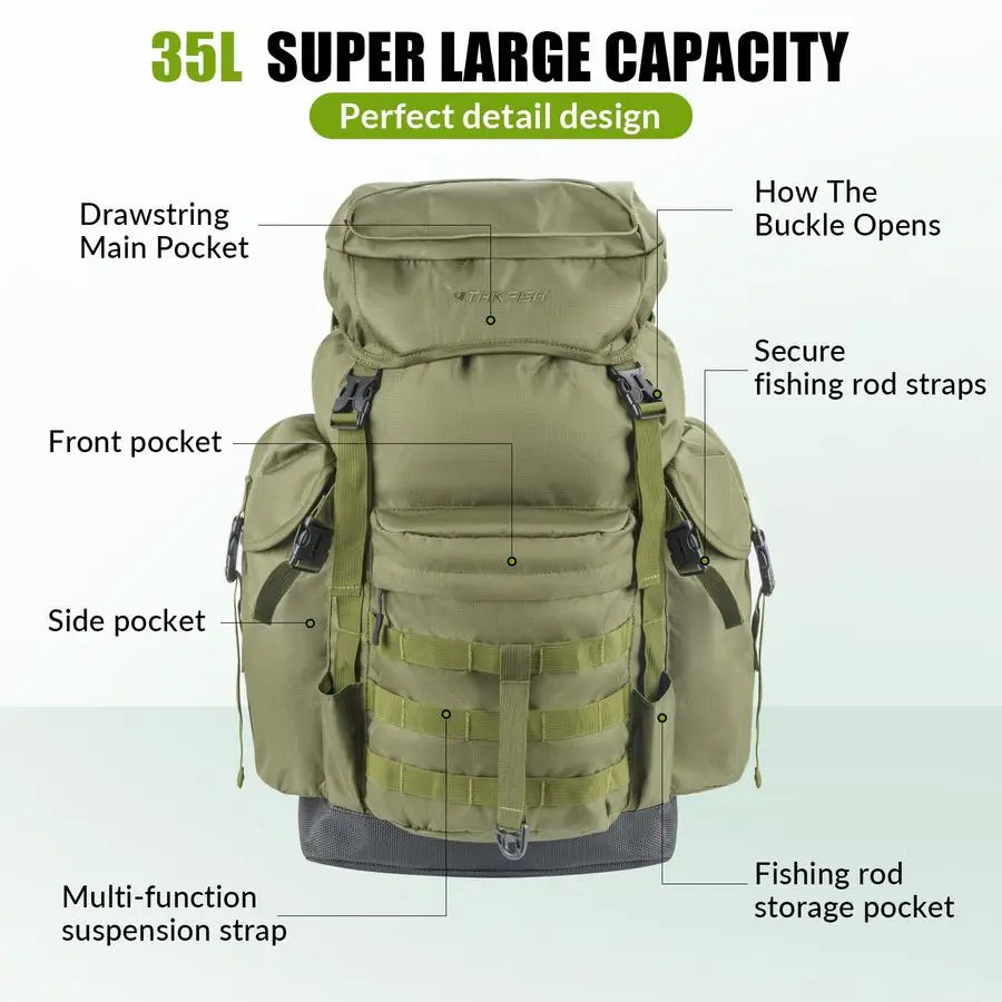 Fishing Backpack with Foldable Chair, 35L Tackle Box Backpack with Rod Holders Fishing Storage Bag Portable Stool for Outdoor Fi
