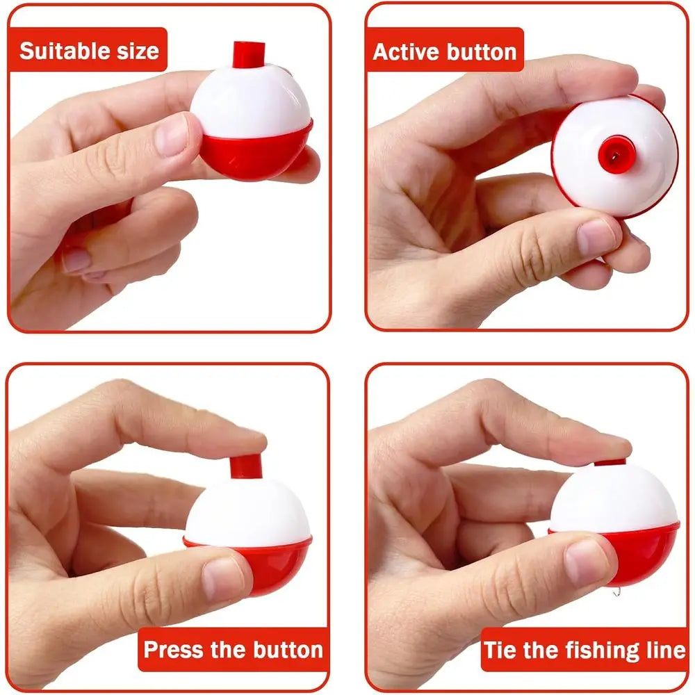 100 Pack Hard ABS Fishing Bobbers, Red & White, Push Button Round Floats, 0.75-1.5 Inch Tackle Accessories