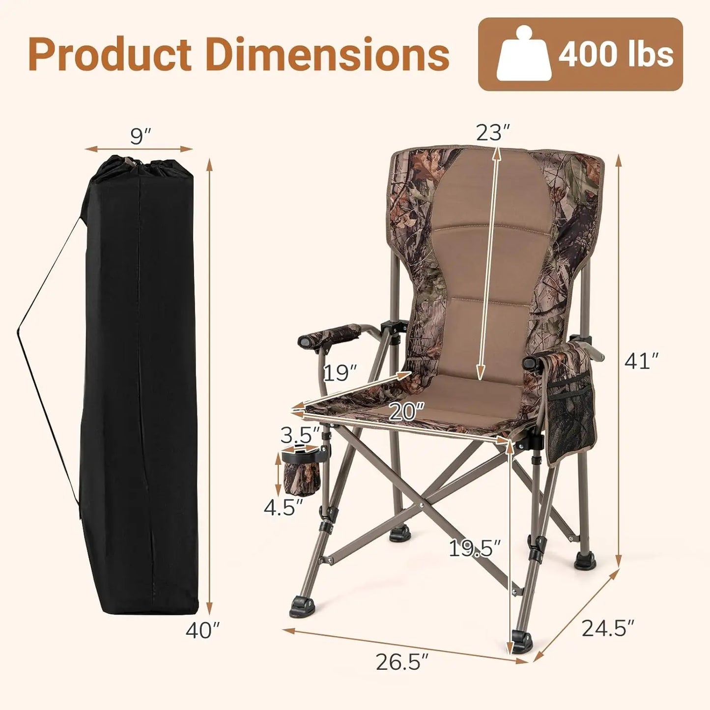 Folding Camping Chair, 400 LBS Support Lawn Chair w/Armrests with Covers, Cup Holder & Storage Pocket, Adjustable Feet,