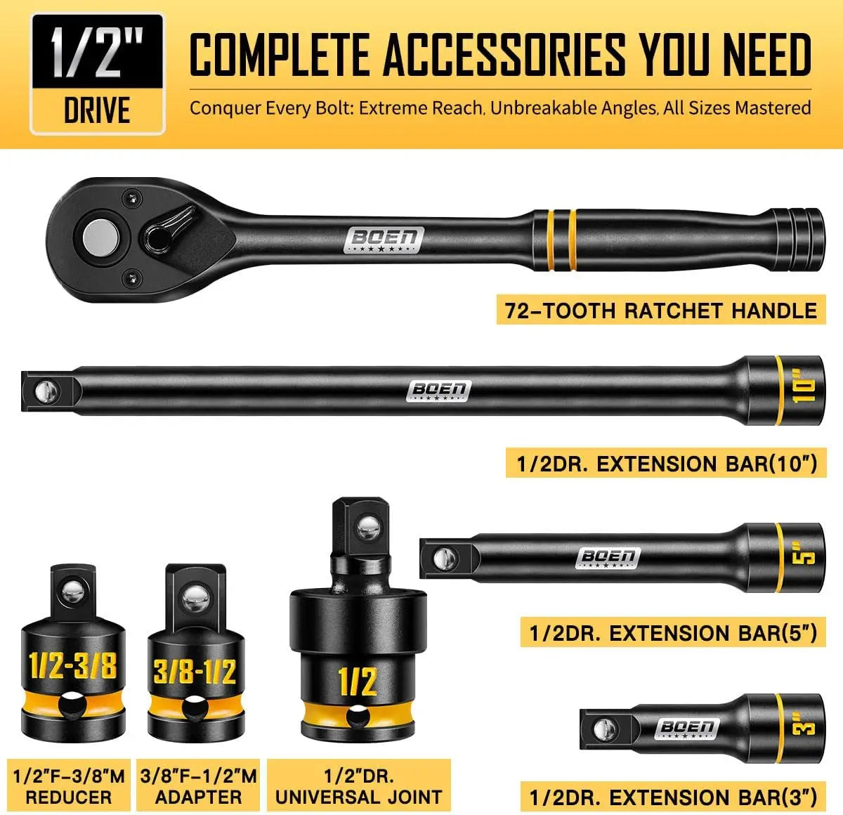 65-Piece Impact Socket Set with SAE & Metric Sizes, Deep/Shallow Sockets, Ratchet & Extensions