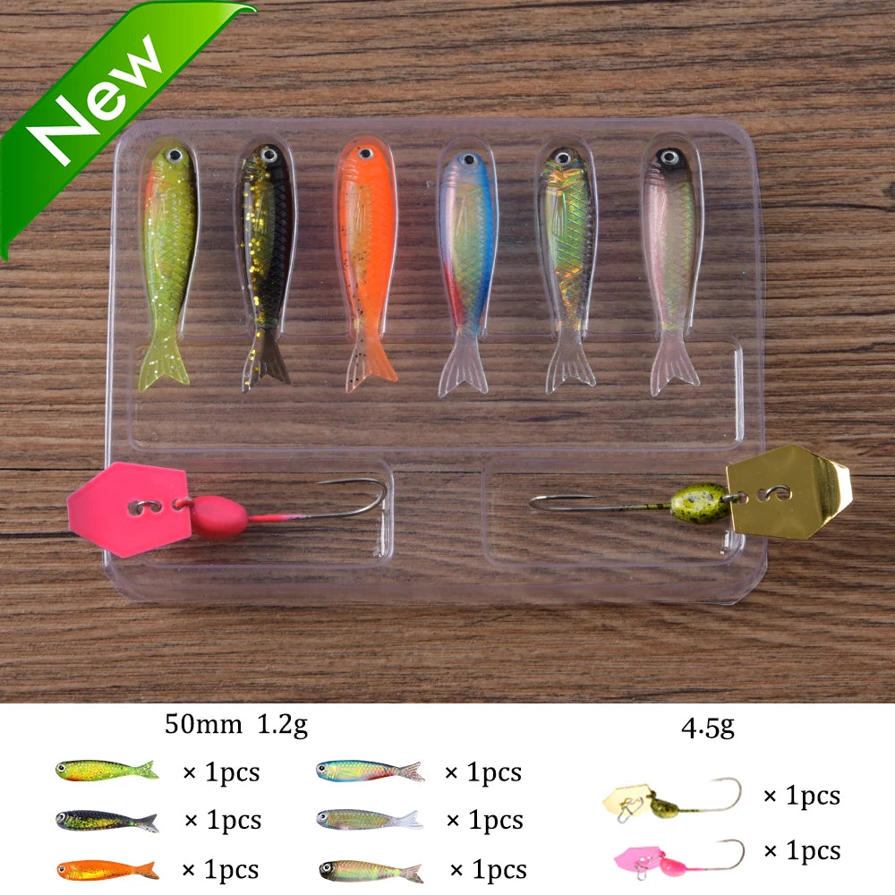 Soft Lures Kit 1.3g 5cm Tail Worm Spinner Jig Hook Crankbait Pesca Gear Tackle 6pcs Bait 10pcs Swimbait Carp Fishing Lure Set