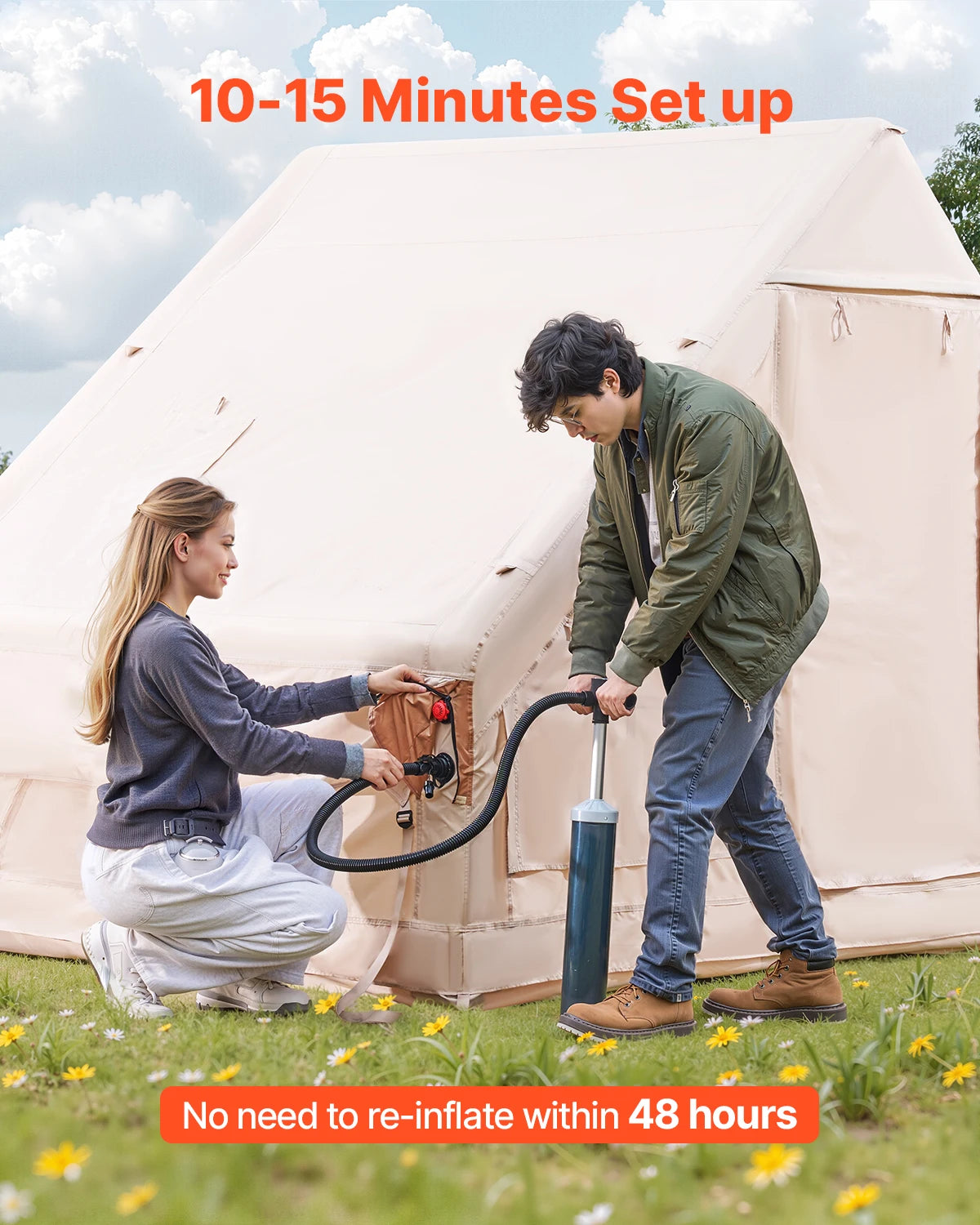 VEVOR Inflatable Tents for Camping 3-5 Person Easy Setup Blow up Tent with Hand Pump 300D Oxford Tent with Doors & Mesh Windows