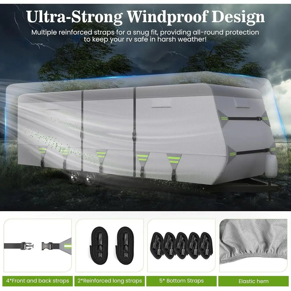 Layer Thickened RV Cover, 30-33ft Ultra Windproof & Tear Resistant Travel Trailer Cover, All-Weather Camper Cover with 6 Vents &