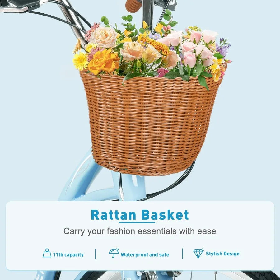 26 Inch Beach Cruiser Bike for Ladies 7-Speed Women Bike for Adults with Basket Rack Ideal City Bicycle for Commuting and Leisu