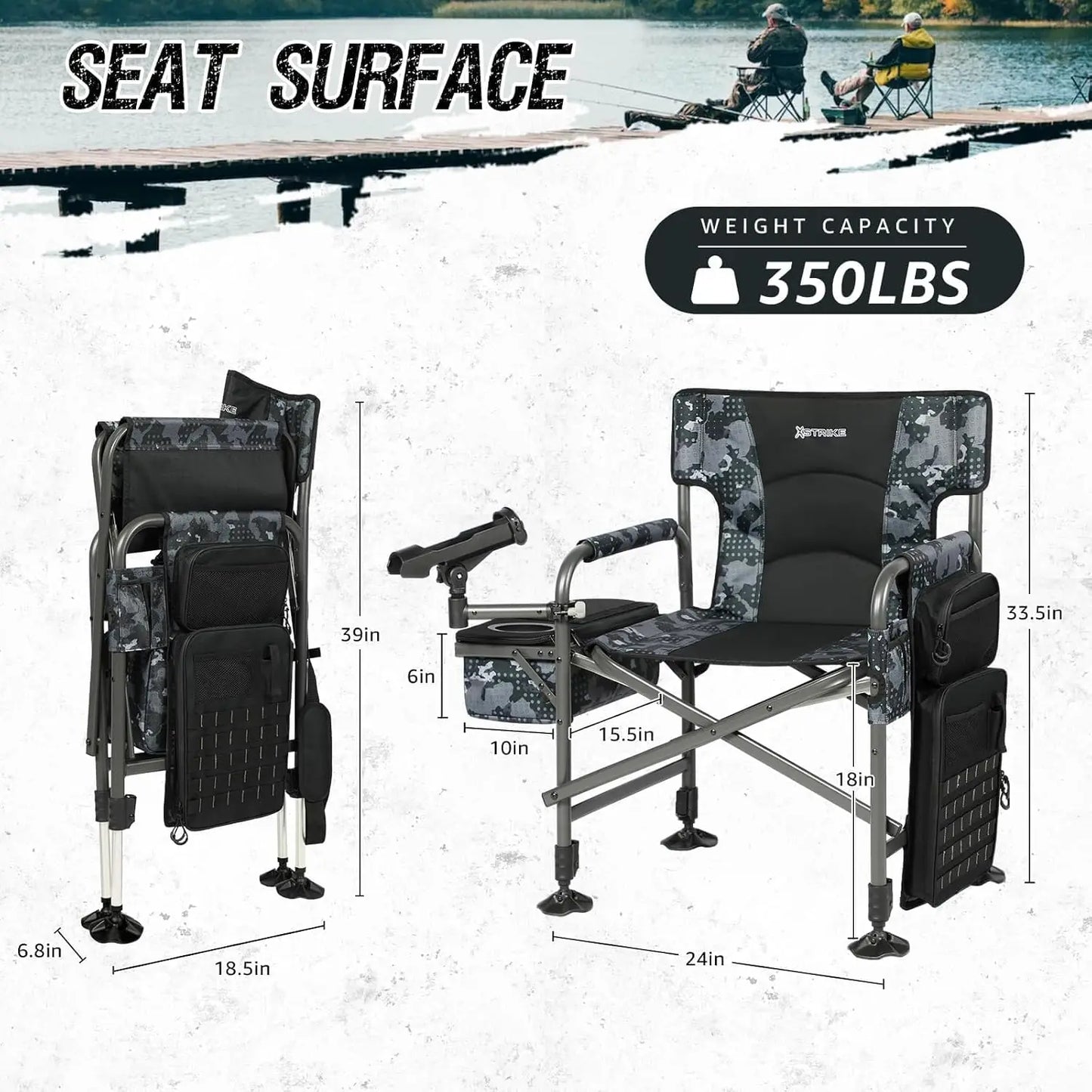 Fishing Chairs with Rod Holder, Folding Ice Fishing Chair for Adults Outdoor Camping Chair Leg Adjustable with Cooler Ba