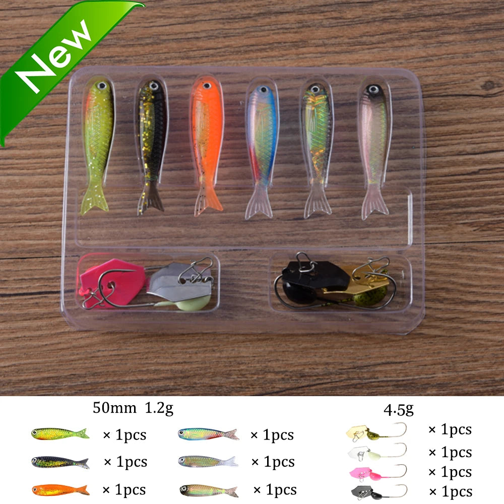 Soft Lures Kit 1.3g 5cm Tail Worm Spinner Jig Hook Crankbait Pesca Gear Tackle 6pcs Bait 10pcs Swimbait Carp Fishing Lure Set