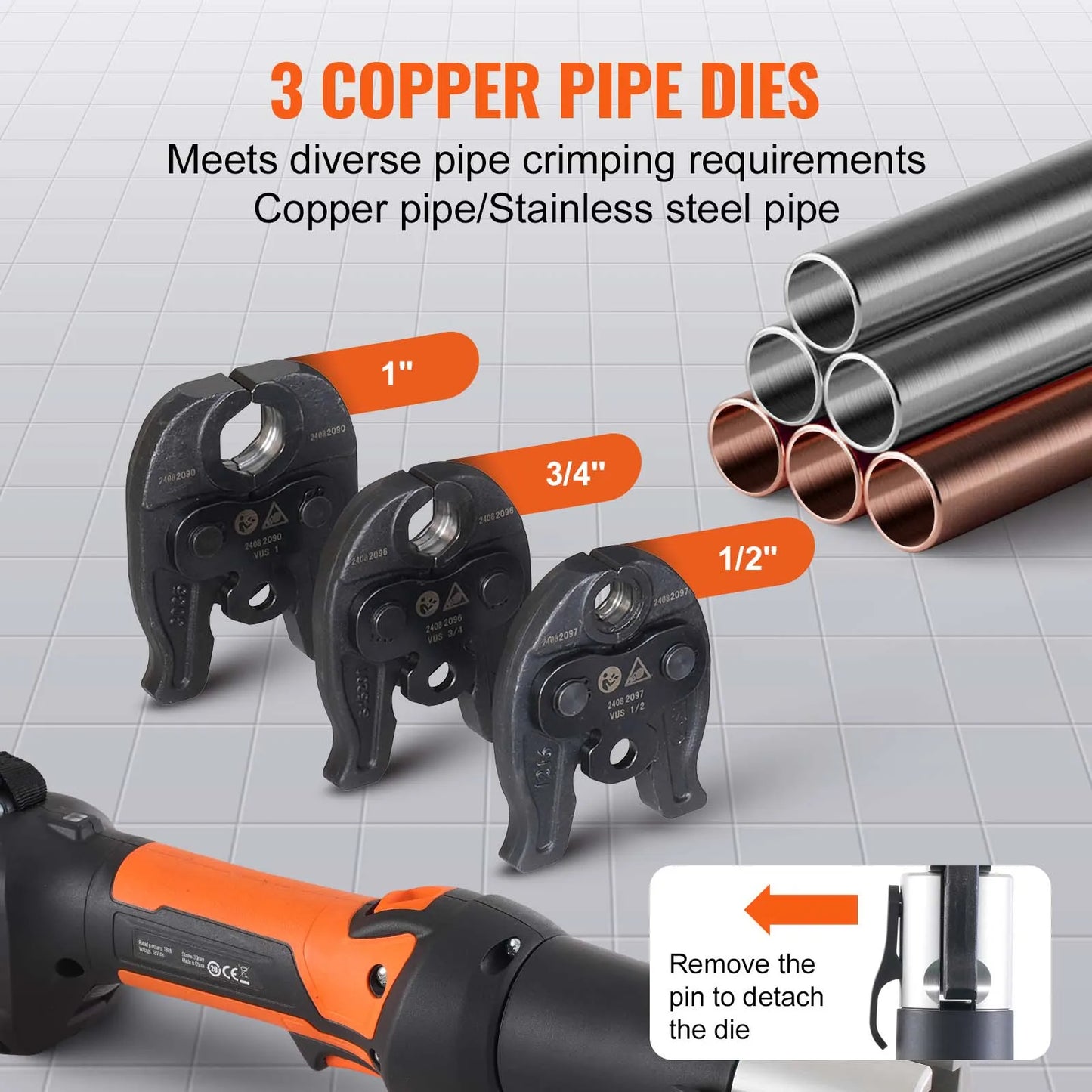 SucceBuy Pro Press Tool 18V Electric Pipe Crimping Tool for 1/2" 3/4" 1" Copper Pipes Press Tool Kit with 3 Jaws 2Pcs Battery