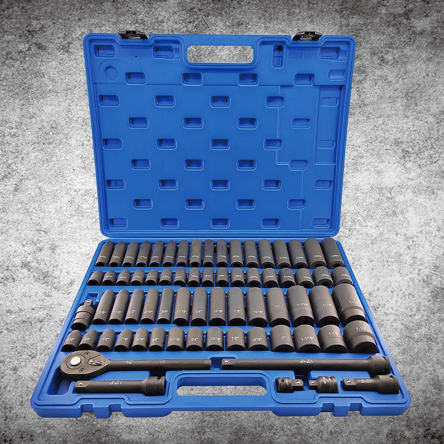 70pcs1/2" Drive Impact Socket Set, Cr-V Steel And Metric Standard/deep Socket with 72-tooth Ratchet Handle, Extension Rod