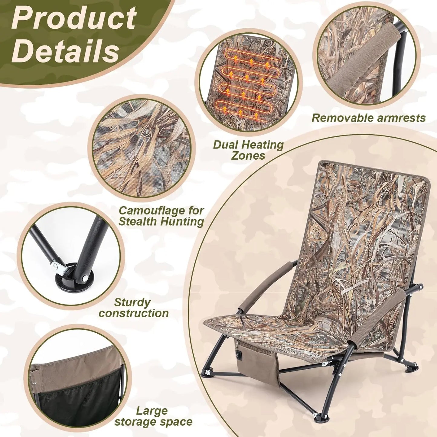 1 Pack Heated Hunting Chair, Adjustable 3-Mode Folding Seat with Carry Bag, Portable Cushion for Turkey Blind, Deer, Ground, Duc