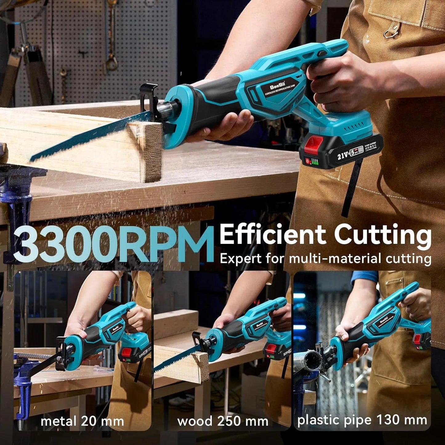 SEESII Reciprocating Saw Cordless 3300 RPM Brushless Motor with 2 x 4.0Ah Batteries 8 Saw Blades Portable for Wood PVC Cutting