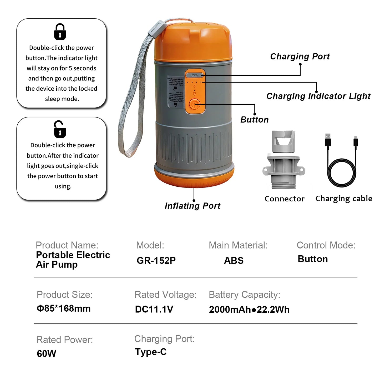 Portable High Pressure Electric Air Pump for Inflatable Tent with 2000 mAh Capacity,720g Small Air Pump for Outdoor Camping