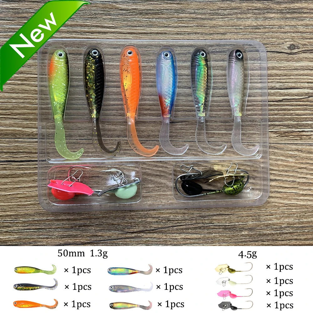 Soft Lures Kit 1.3g 5cm Tail Worm Spinner Jig Hook Crankbait Pesca Gear Tackle 6pcs Bait 10pcs Swimbait Carp Fishing Lure Set