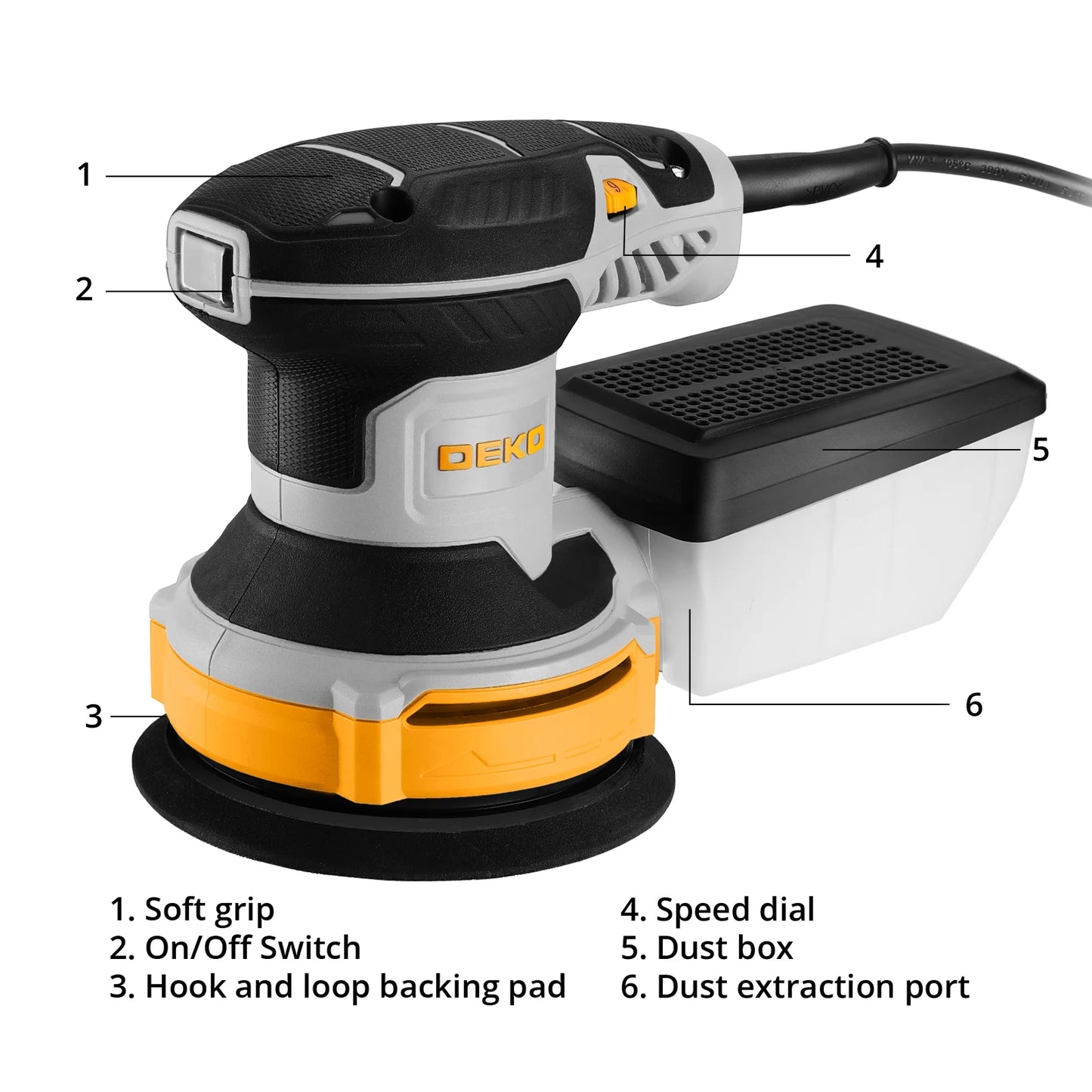 DEKO 14000RPM 16 Pieces Sandpaper 125 mm 300W Orbital Sander Sanding Pad Dust Collector for household Wood and Steel Surf