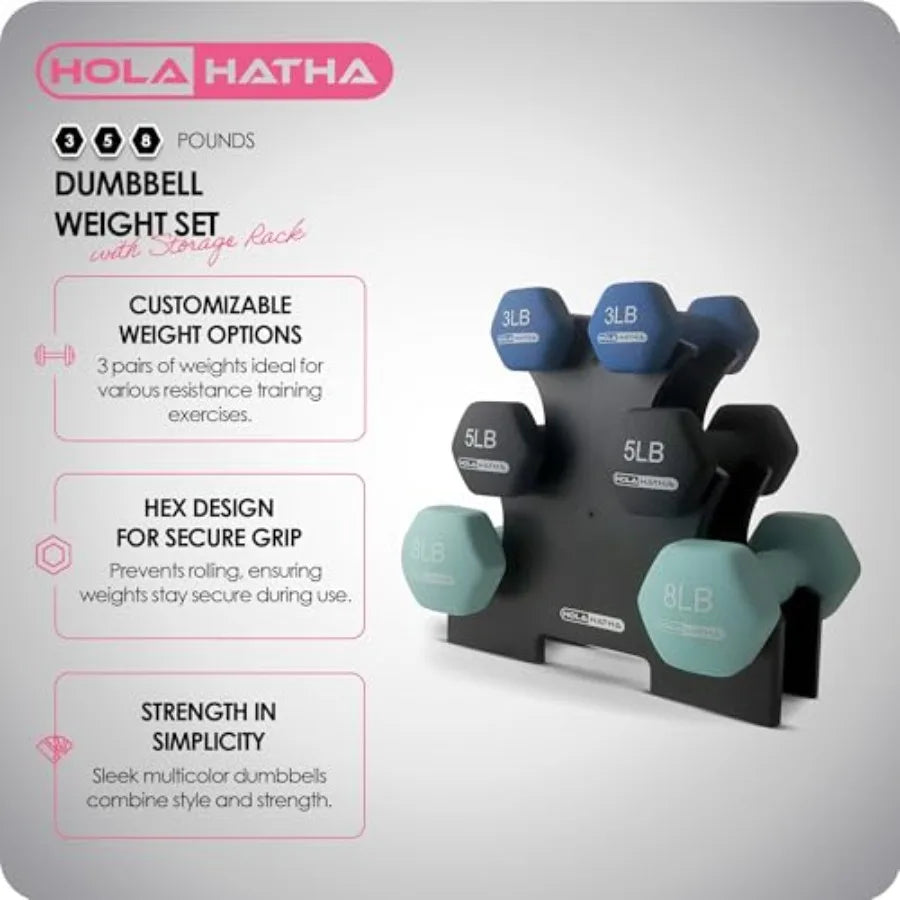 HolaHatha 2 3 5 8 and 10 Pound Neoprene Dumbbell Free Hand Weight Set with Rack Pastel for Home Exercises to Gain Tone and Defi