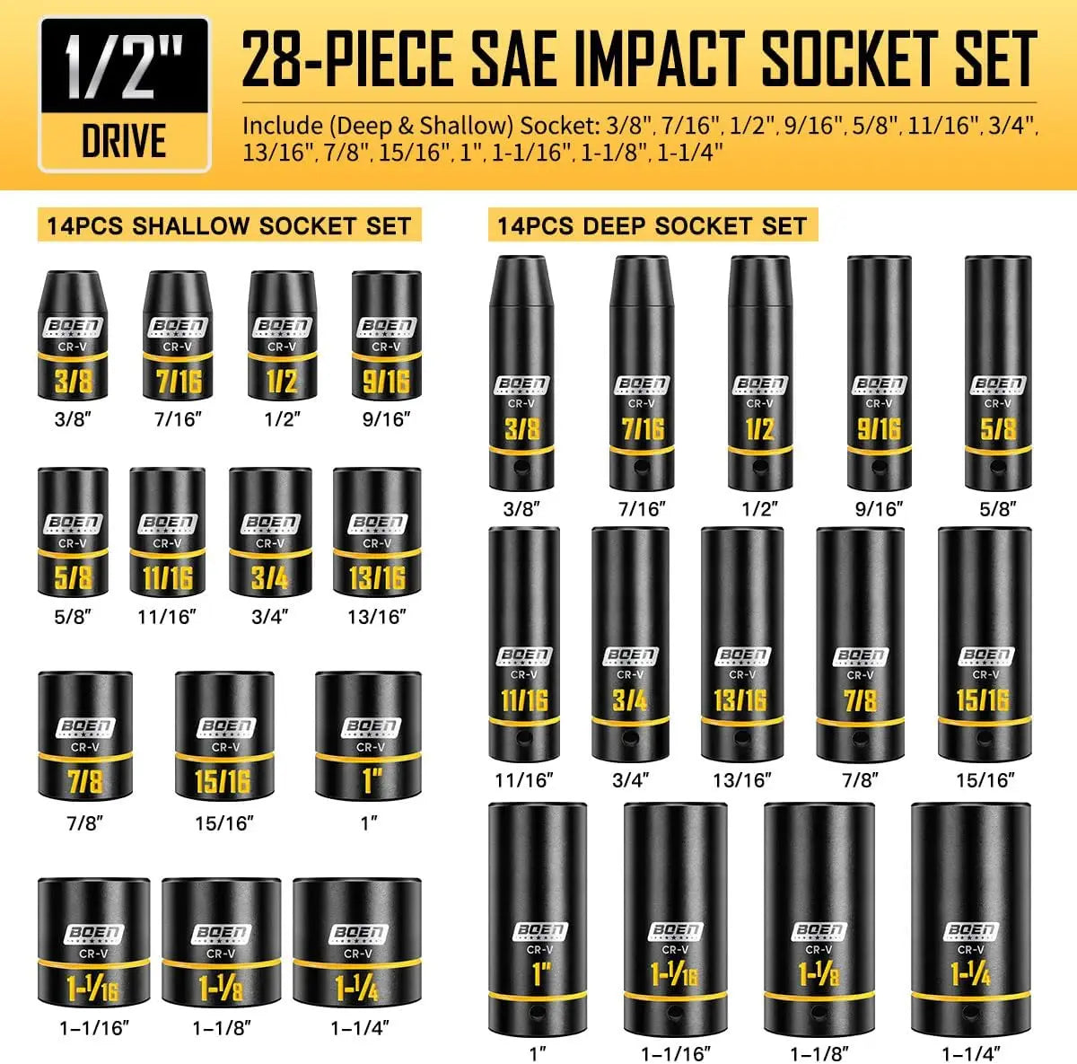 65-Piece Impact Socket Set with SAE & Metric Sizes, Deep/Shallow Sockets, Ratchet & Extensions