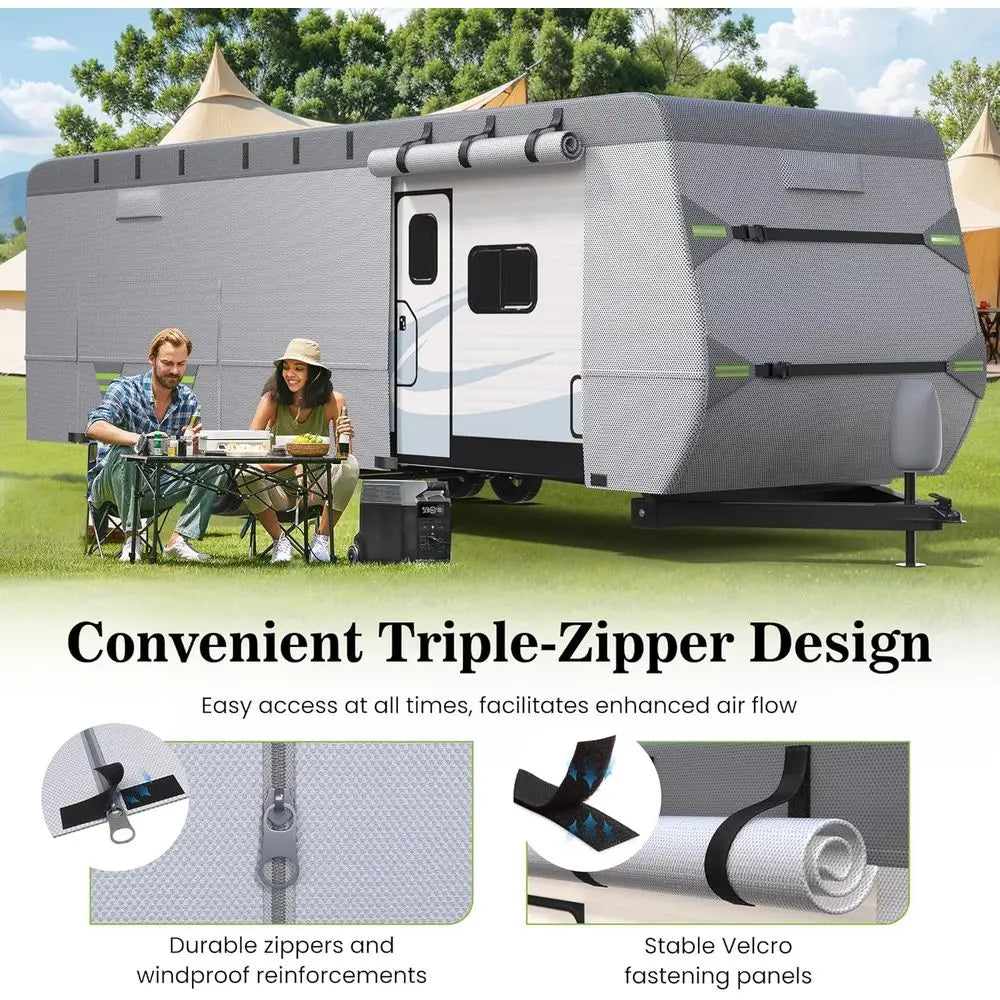 Layer Thickened RV Cover, 30-33ft Ultra Windproof & Tear Resistant Travel Trailer Cover, All-Weather Camper Cover with 6 Vents &