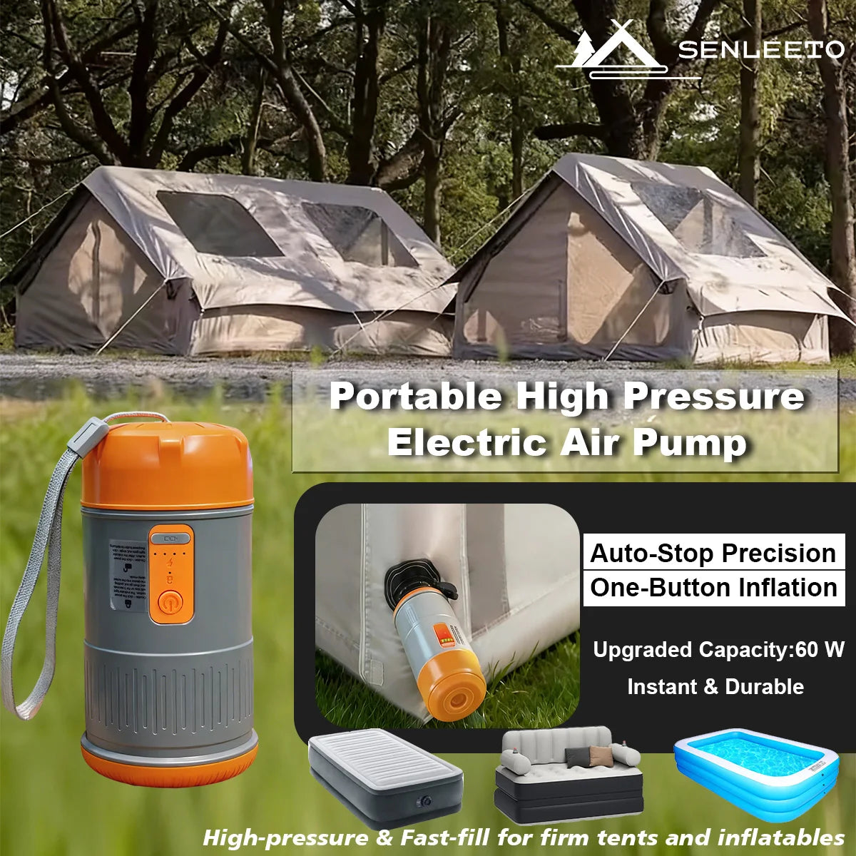 Portable High Pressure Electric Air Pump for Inflatable Tent with 2000 mAh Capacity,720g Small Air Pump for Outdoor Camping