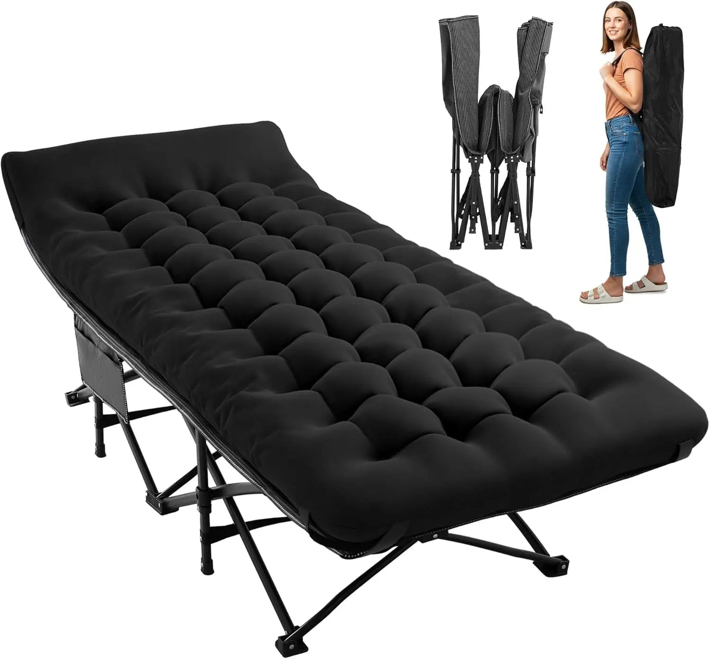 Extra Wide Camping Cot with Mattress, Heavy-Duty Portable Foldable for Adults, Guest Travel Hiking Black