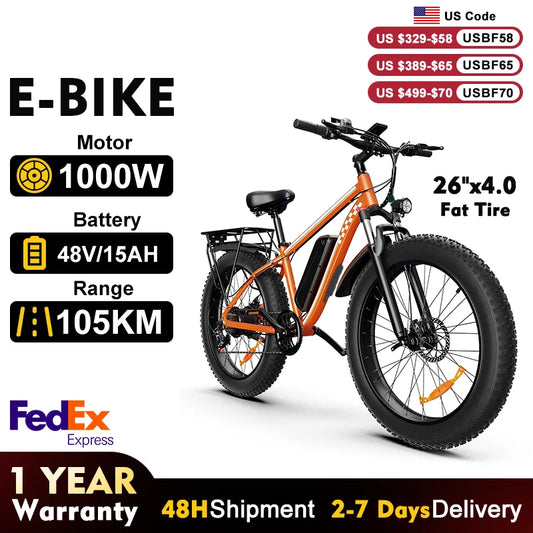Electric Bicycle 1000W Motor 48V15AH Lithium Battery Electric Bike Disc Brake 26*4 Inch Fat Tire Snow E-bike