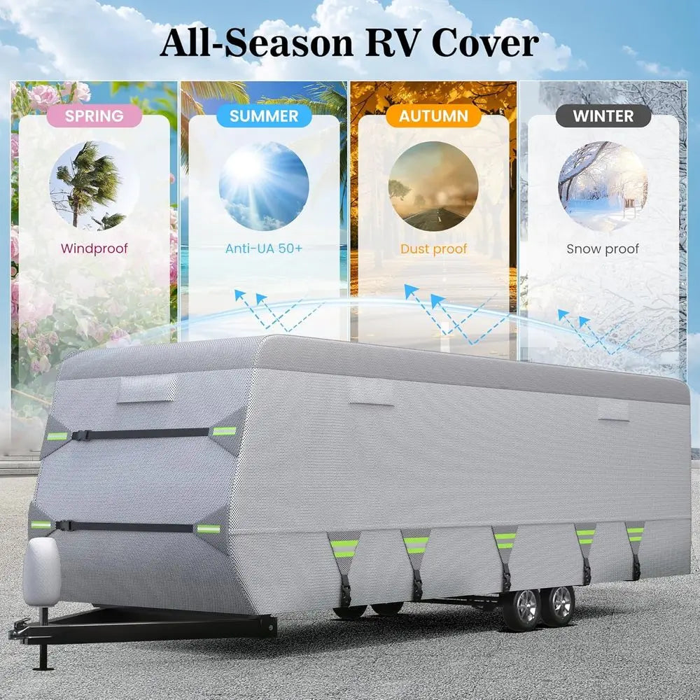Layer Thickened RV Cover, 30-33ft Ultra Windproof & Tear Resistant Travel Trailer Cover, All-Weather Camper Cover with 6 Vents &
