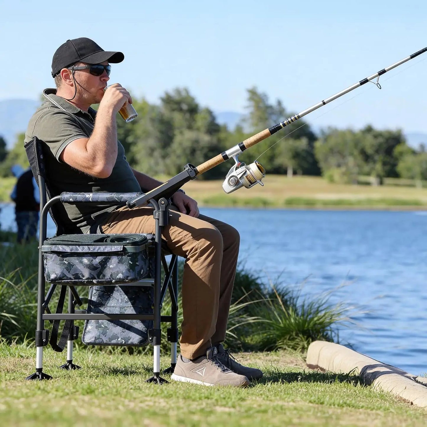Fishing Chairs with Rod Holder, Folding Ice Fishing Chair for Adults Outdoor Camping Chair Leg Adjustable with Cooler Ba