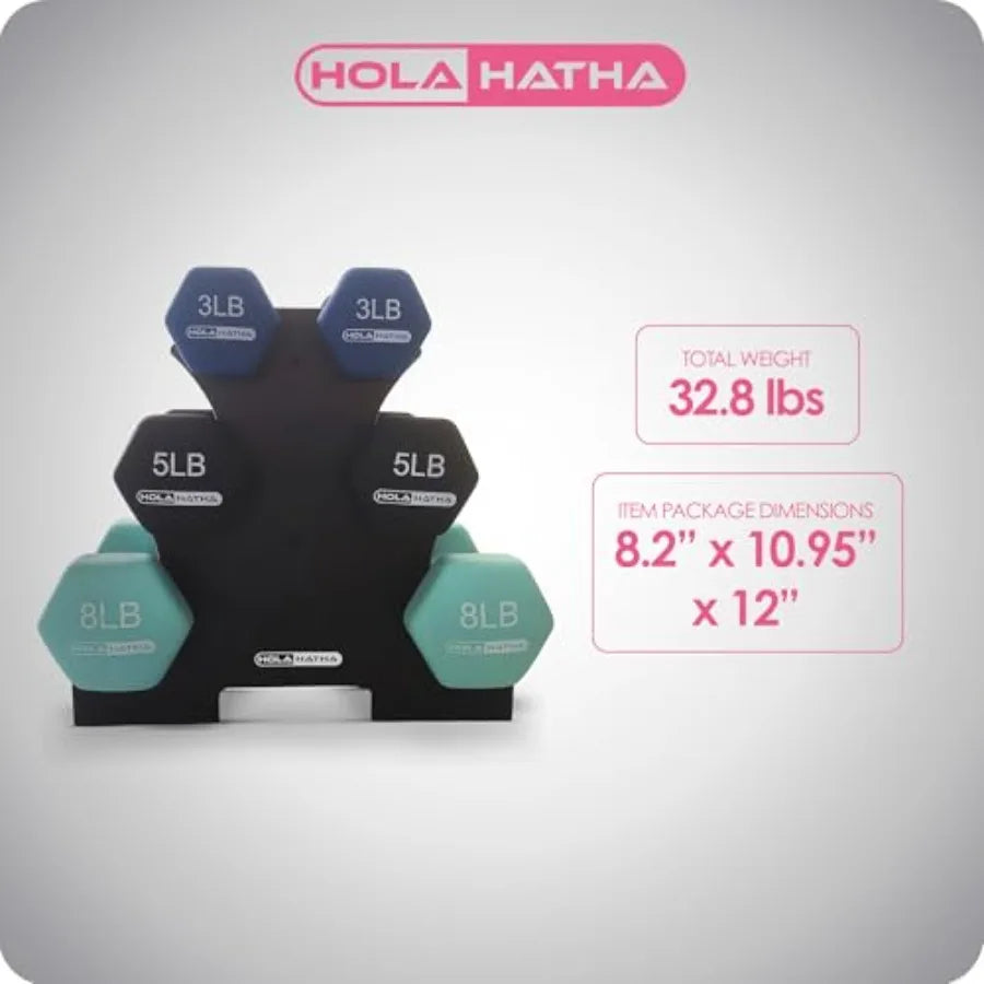 HolaHatha 2 3 5 8 and 10 Pound Neoprene Dumbbell Free Hand Weight Set with Rack Pastel for Home Exercises to Gain Tone and Defi