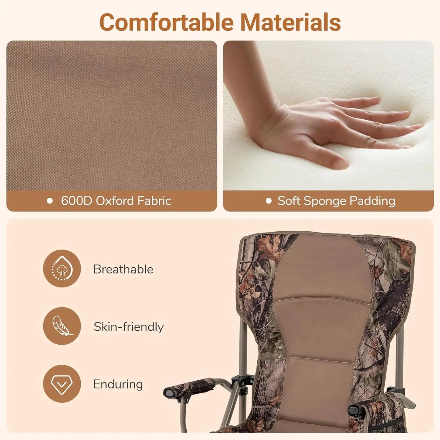 Folding Camping Chair, 400 LBS Support Lawn Chair w/Armrests with Covers, Cup Holder & Storage Pocket, Adjustable Feet,
