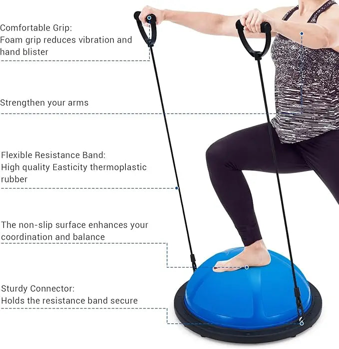 23" Half Yoga Ball, 1600 lbs Capacity Balance Trainer with Non-Slip Base, Resistance Bands & Pump for Home Gym Workouts