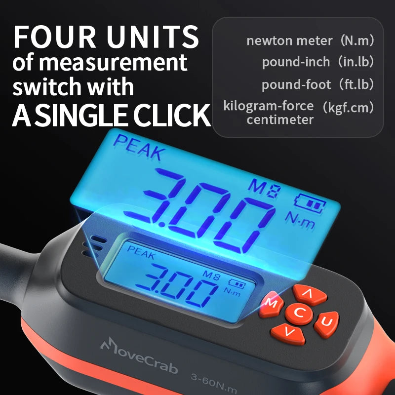 MOVECRAB Digital Torque Wrench 1-340N.m 2% Accuracy Preset & LED/Buzzer Alerts for Bike Motorcycles Automotive Mechanical Tool